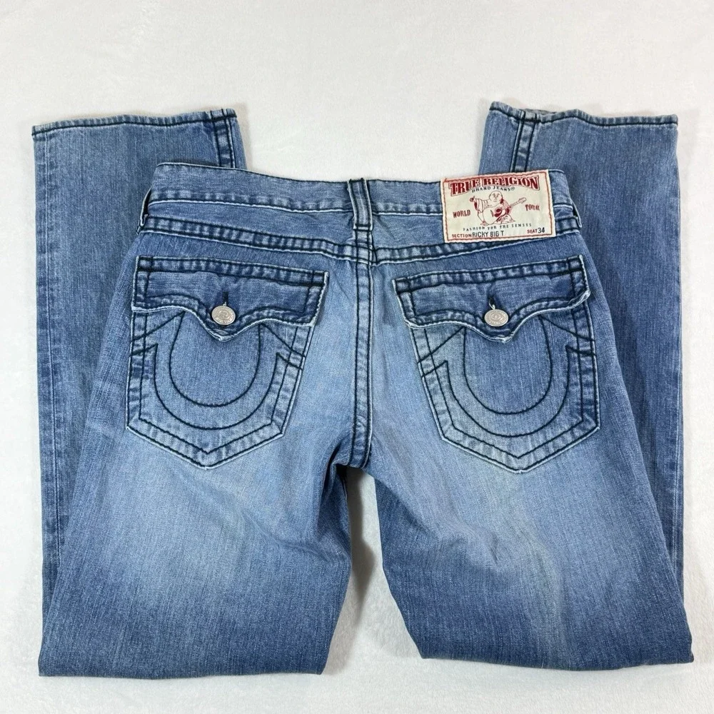 Vtg True Religion Ricky Big T Jeans Mens 34X33 Blue Straight Made In US Flap